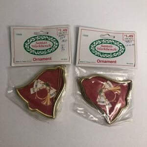 vintage 80s santa’s workbench ornament bell shape gold frame pair 3 inches